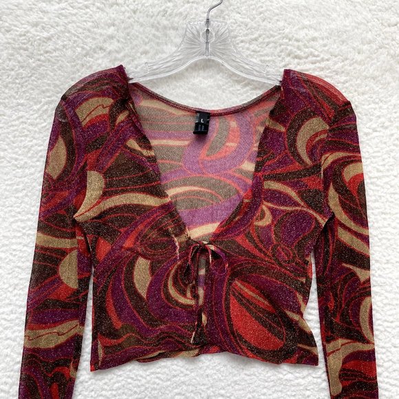 Crop Tie Front Cardigan Top M L Medium Large Womens Glitter Sparkly Mesh Pattern - Picture 3 of 8